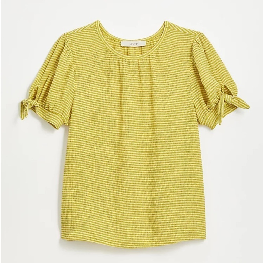 LOFT Striped Crinkle Tie Sleeve Top Chartreuse Green Size Small